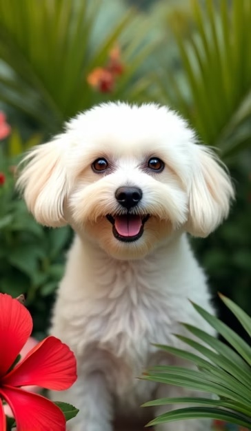 A happy, freshly groomed dog enjoying the tropics at Pawradise in Honolulu