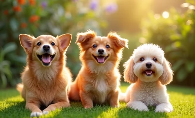 Happy dogs playing in a sunny Pawradise daycare yard