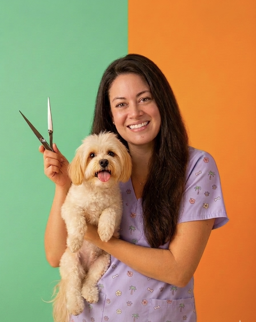 A Pawradise groomer pampering a small dog